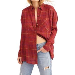 Free People Break My Stride Button Down Metallic Red Plaid Oversized Boho Top S